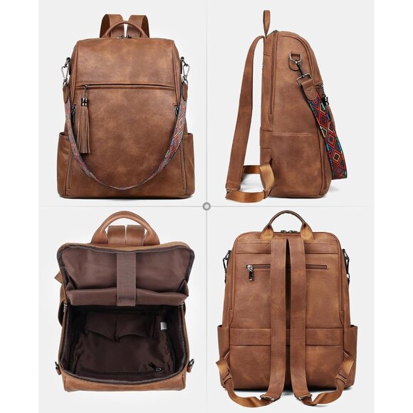 Women's Brown Retro Style Backpack Designer 15.6 inch PU Leather Laptop Bag - Picture 6 of 9